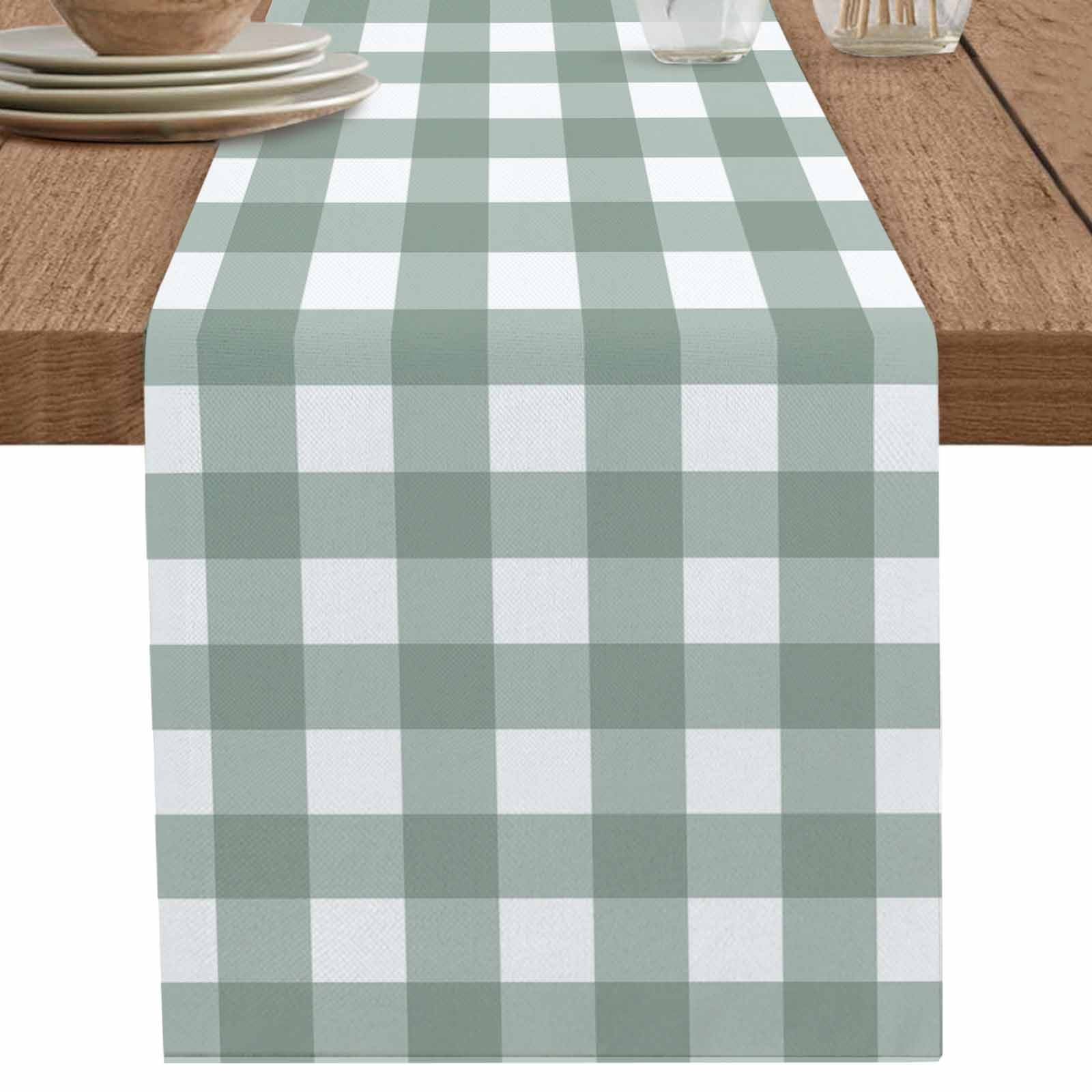 nqOlkjepod Green Farmhouse Table Runner 48 Inches Long Farmhouse Dress Scarves, Buffalo Plaid Check Lattice White Grid Dining Tablerunner for Coffee Table/Kitchen Island/Party Décor, 13" x 48"