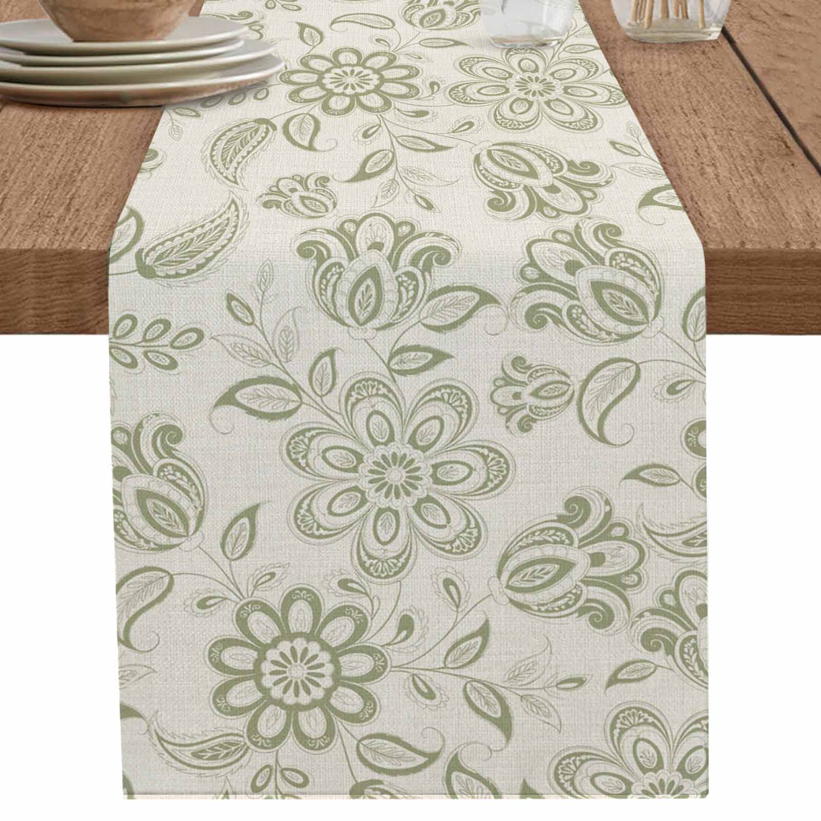 nqOlkjepod Green Flowers Table Runner 72 Inches Long Farmhouse Dress Scarves, Vintage Country Ethnic Tribal Artwork Dining Tablerunner for Coffee Table/Kitchen Island/Party Décor, 13" x 72"