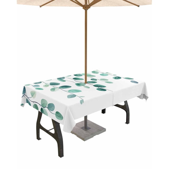 nqOlkjepod Green Leaves Outdoor Tablecloth with Umbrella Hole & Zipper, Spring Natural Botanical Plants Vines Rectangle Table Cover 52x70 Inch, Dining Waterproof Table Cloth Protector for Patio