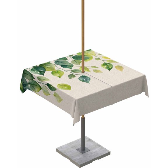 nqOlkjepod Green Leaves Outdoor Tablecloth with Umbrella Hole & Zipper, Vintage Simple Eucalyptus Leaf Vines Plants Square Table Cover 54x54 Inch, Dining Waterproof Table Cloth Protector for Patio
