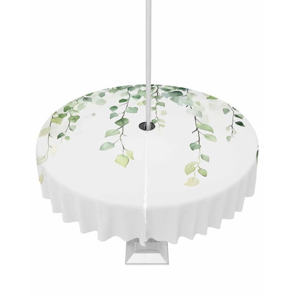 nqOlkjepod Green Leaves Outdoor Tablecloth with Umbrella Hole & Zipper, Watercolor Country Spring Botanical Leaf Round Table Cover 54 Inch, Dining Waterproof Table Cloth Protector for Patio/Party