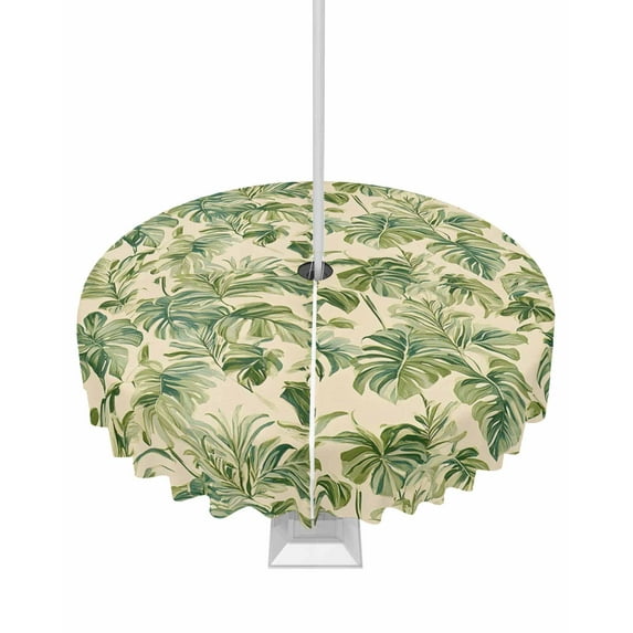 nqOlkjepod Green Palm Leaf Outdoor Tablecloth with Umbrella Hole & Zipper, Watercolor Summer Botanical Round Table Cover 54 Inch, Dining Waterproof Table Cloth Protector for Patio/Party/Picnic