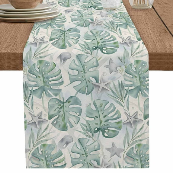 nqOlkjepod Green Palm Leaves Table Runner 72 Inches Long Farmhouse Dress Scarves, Summer Starfish Tropical Plants Dining Tablerunner for Coffee Table/Kitchen Island/Party Décor, 13" x 72"
