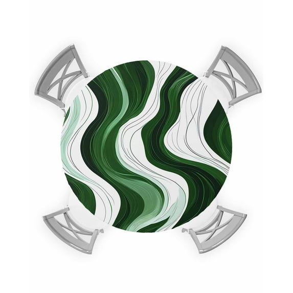 nqOlkjepod Green Stripe Round Tablecloth, Fitted Table Cover with Elastic for 55"-60" Round Tables, Geometric White Wave Modern Ocean Table Cloth Outdoor Indoor Dinning Party Waterproof Tablecloths