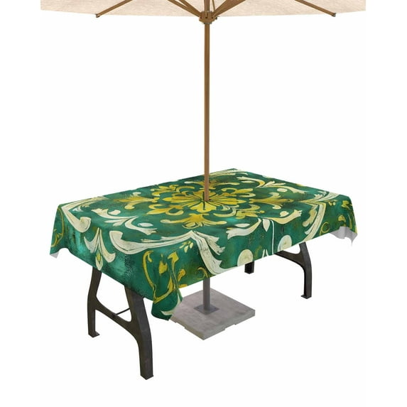 nqOlkjepod Green Yellow Flower Ethnic Outdoor Tablecloth with Umbrella Hole & Zipper, Boho Vintage Abstract Rectangle Table Cover 52x70 Inch, Dining Waterproof Table Cloth Protector for Patio/Party