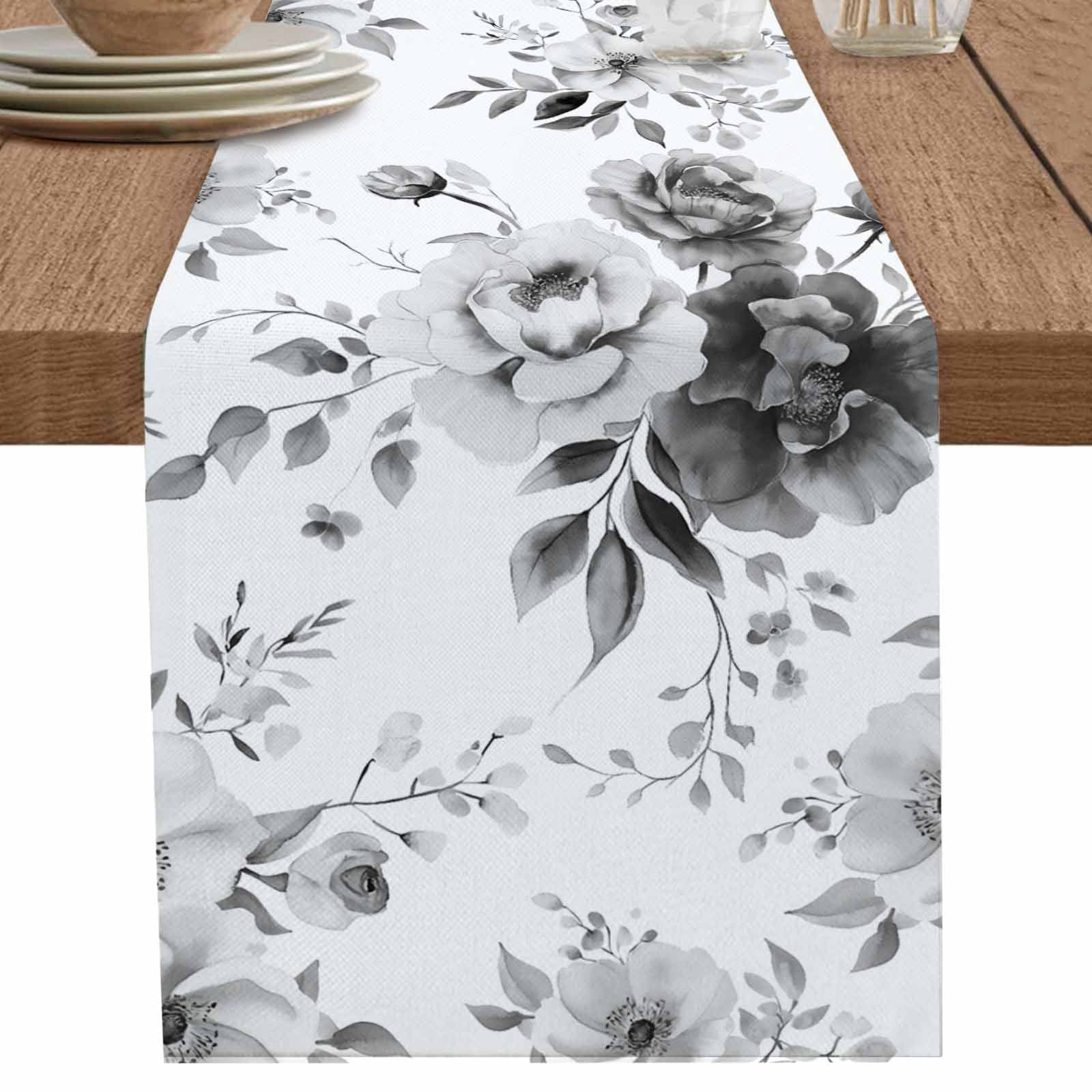nqOlkjepod Grey Floral Art Table Runner 72 Inches Long Farmhouse Dress ...