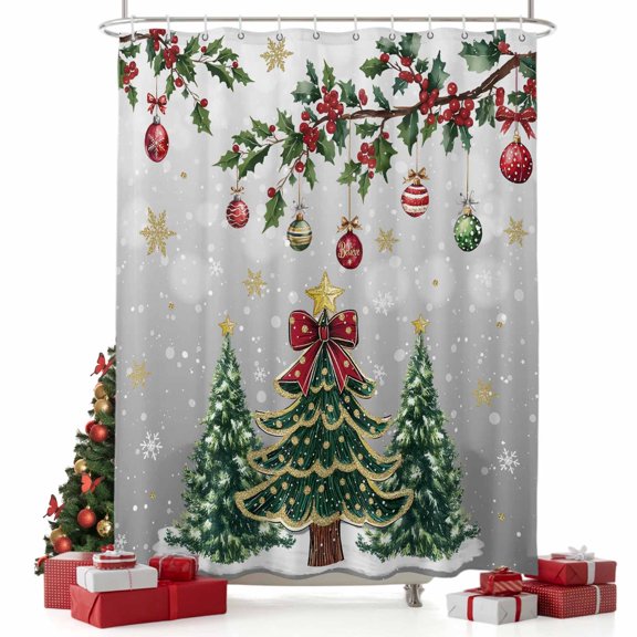 nqOlkjepod Grey Ombre Christmas Tree Shower Curtain, Waterproof Shower Curtains for Bathroom, Xmas Tree Snowflake Balls Botanical Bathtub Curtain Set Bath Decor with 12 Hooks Extra Long 72"x96"