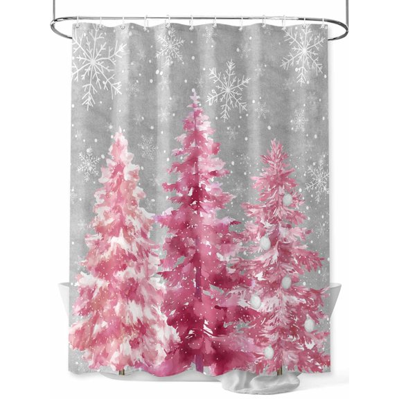 nqOlkjepod Grey Pink Christmas Shower Curtain, Waterproof Shower Curtains for Bathroom, Xmas Tree Snowflake Winter Washable Fabric Bathtub Curtain Set Bath Decor with 12 Hooks 48"x72"