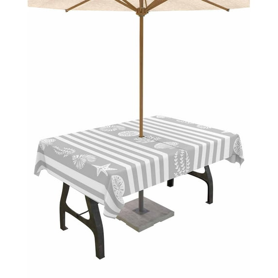 nqOlkjepod Grey Striped Coastal Outdoor Tablecloth with Umbrella Hole & Zipper, Nautical Beach Starfish Shell Rectangle Table Cover 60x84 Inch, Dining Waterproof Table Cloth Protector for Patio
