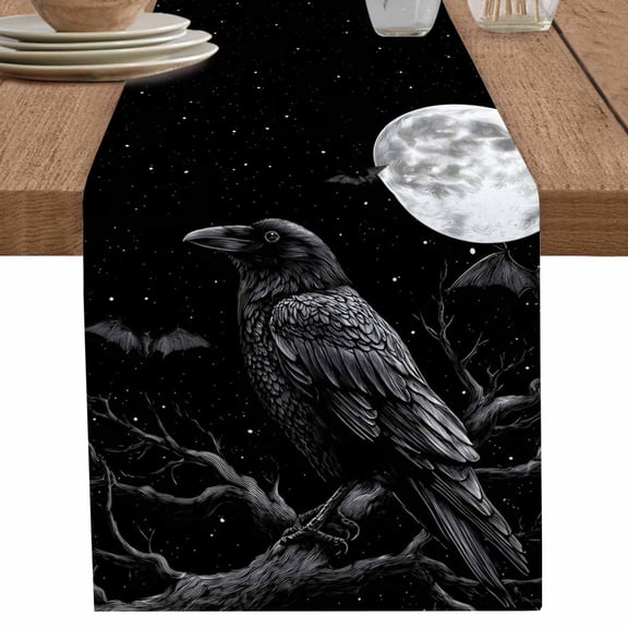 nqOlkjepod Halloween Crow Table Runner 48 Inches Long Farmhouse Dress Scarves, Horror Night Moon Black Tree Branch Dining Tablerunner for Coffee Table/Kitchen Island/Party Décor, 13" x 48"