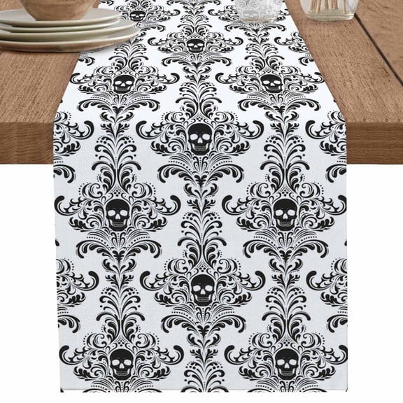 nqOlkjepod Halloween Horrible Skull Table Runner 36 Inches Long Farmhouse Dress Scarves, Black White Flowers Skeleton Art Dining Tablerunner for Coffee Table/Kitchen Island/Party, Small 13"x36"