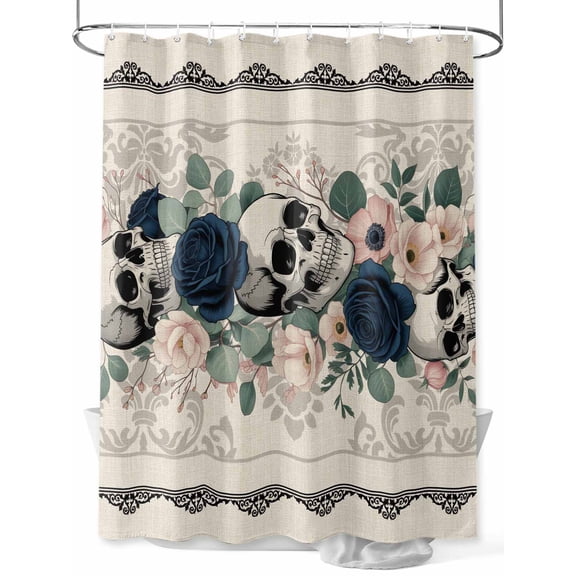 nqOlkjepod Halloween Shower Curtain, Waterproof Shower Curtains for Bathroom, Boho Vintage Horror Skull Flower Leaf Beige Washable Fabric Bathtub Curtain Set Bath Decor with 12 Hooks Standard 72"x72"