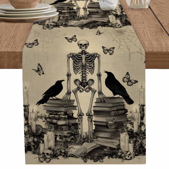 nqOlkjepod Halloween Skeleton Table Runner 36 Inches Long Farmhouse Dress Scarves, Butterfly Crow Retro Horror Skull Dining Tablerunner for Coffee Table/Kitchen Island/Party Décor, Small 13" x 36"