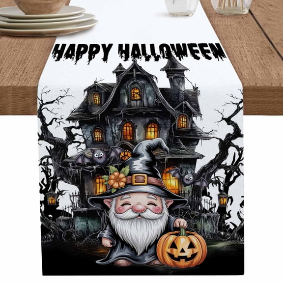 nqOlkjepod Halloween Table Runner 36 Inches Long Farmhouse Dress Scarves, Skull Pumpkin Gnomes Bare Tree Hunting House Dining Tablerunner for Coffee Table/Kitchen Island/Party Décor, Small 13" x 36"