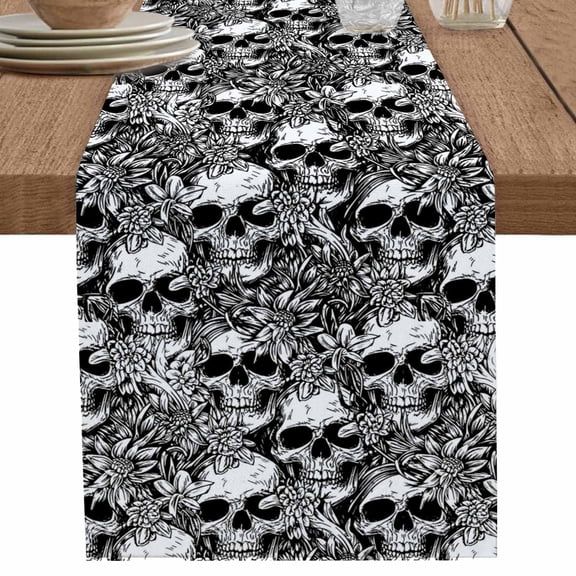 nqOlkjepod Halloween Table Runner 48 Inches Long Farmhouse Dress Scarves, Black Grey Skull Skeletons Flowers Dining Tablerunner for Coffee Table/Kitchen Island/Party Décor, 13" x 48"