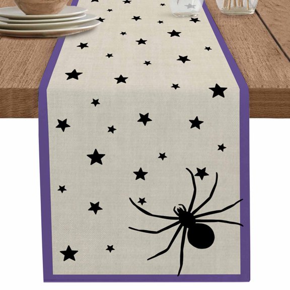 nqOlkjepod Halloween Table Runner 60 Inches Long Farmhouse Dress Scarves, Purple Beige Spi-der Stars Halloween Dining Tablerunner for Coffee Table/Kitchen Island/Party Décor, 13" x 60"