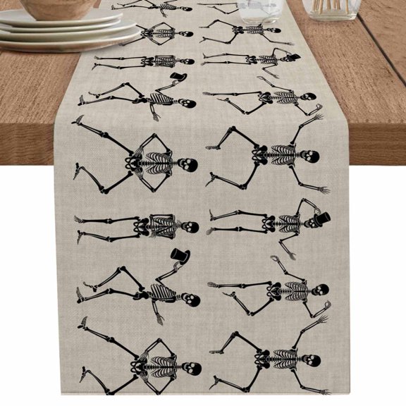 nqOlkjepod Halloween Table Runner 60 Inches Long Farmhouse Dress Scarves, Retro Style Skull Skeleton Monochrome Dining Tablerunner for Coffee Table/Kitchen Island/Party Décor, 13" x 60"