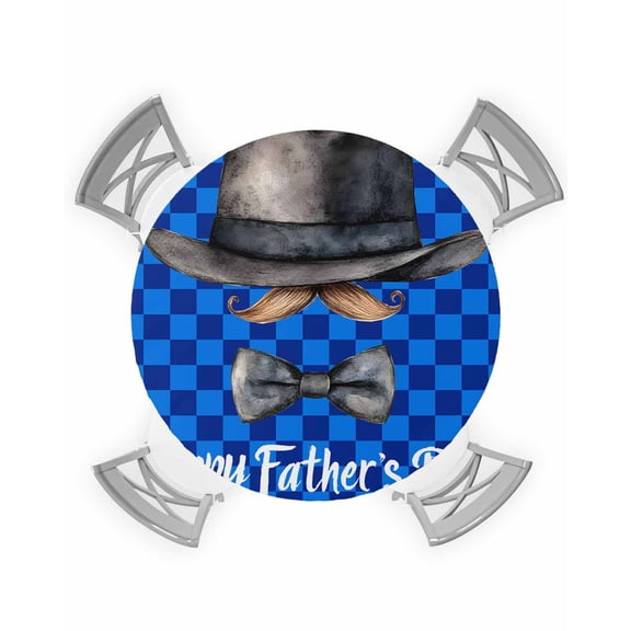nqOlkjepod Happy Father's Day Round Tablecloth, Fitted Table Cover with Elastic for 36"-44" Round Tables, Funny Bow Beard Blue Check Table Cloth Outdoor Indoor Dinning Party Waterproof Tablecloths