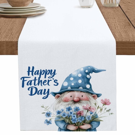 nqOlkjepod Happy Father's Day Table Runner 48 Inches Long Farmhouse Dress Scarves, Blue Gnomes Floral Botanical Dining Tablerunner for Coffee Table/Kitchen Island/Party Décor, 13" x 48"