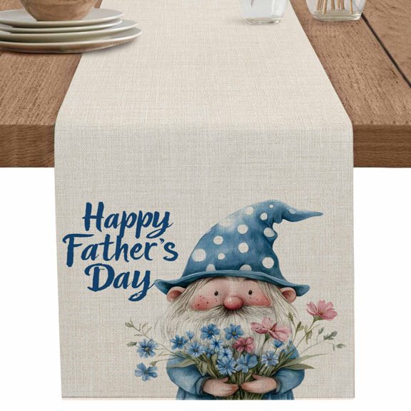 nqOlkjepod Happy Father's Day Table Runner 90 Inches Long Farmhouse Dress Scarves, Blue Gnomes Floral Linen Dining Tablerunner for Coffee Table/Kitchen Island/Party Décor, 13" x 90"
