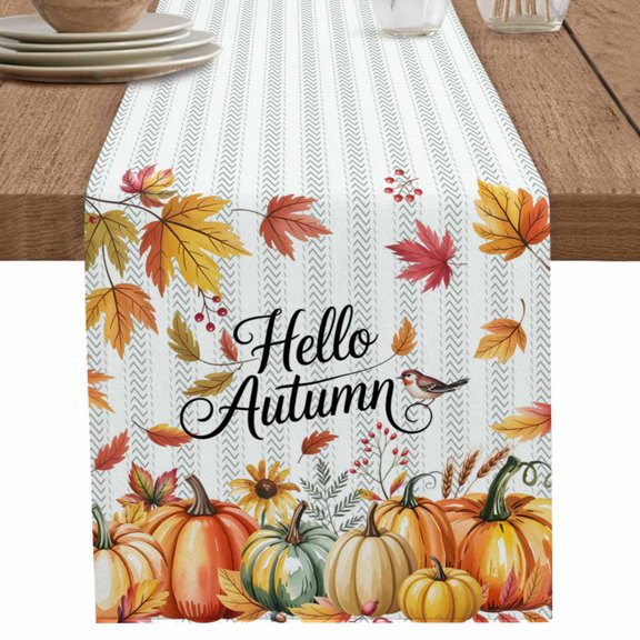 nqOlkjepod Hello Autumn Table Runner 90 Inches Long Farmhouse Dress Scarves, Thanksgiving Fall Pumpkins Maple Leaf Striped Dining Tablerunner for Coffee Table/Kitchen Island/Party Décor, 13" x 90"