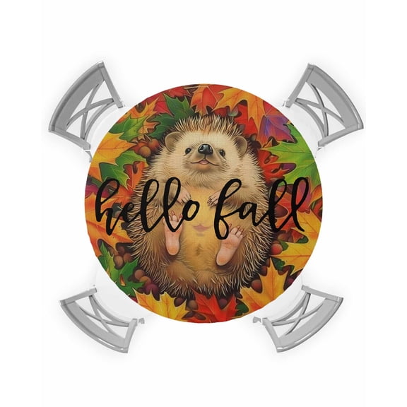 nqOlkjepod Hello Fall Round Tablecloth, Fitted Table Cover with Elastic for 45"-54" Round Tables, Hedgehog Orange Plaid Thanksgiving Table Cloth Outdoor Indoor Dinning Party Waterproof Tablecloths