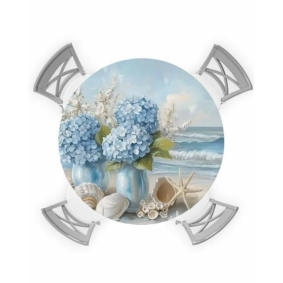 nqOlkjepod Hydrangeas Flowers Round Tablecloth, Fitted Table Cover with Elastic for 45"-54" Round Tables, Coastal Seaside Starfish Summer Table Cloth Outdoor Dinning Party Waterproof Tablecloths