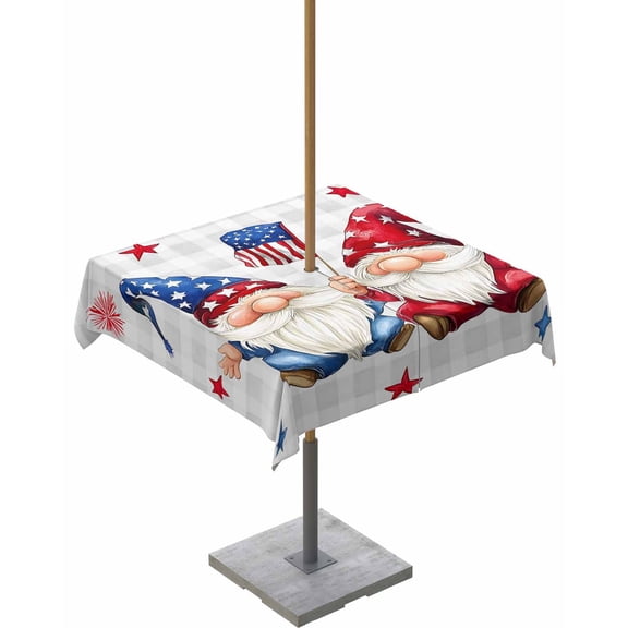 nqOlkjepod Independence Day Outdoor Tablecloth with Umbrella Hole & Zipper, Modern Gnomes Star Grey Checkered Square Table Cover 54x54 Inch, Dining Waterproof Table Cloth Protector for Patio/Party