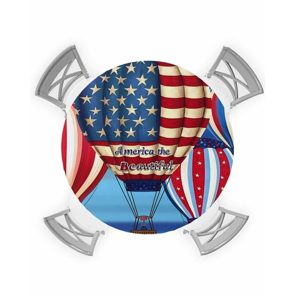 nqOlkjepod Independence Day Round Tablecloth, Fitted Table Cover with Elastic for 36"-44" Round Tables, Hot Air Balloon Patriotic Star Table Cloth Outdoor Indoor Dinning Party Waterproof Tablecloths