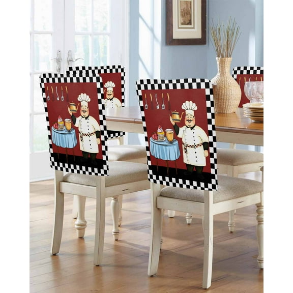 nqOlkjepod Kitchen Chef Chair Covers Set of 4, Decorative Chair Back Cover, Farmhouse Red Black Gourmet Food Dining Room Chair Slipcovers Removable Chair Protectors Covers for Party Banquet