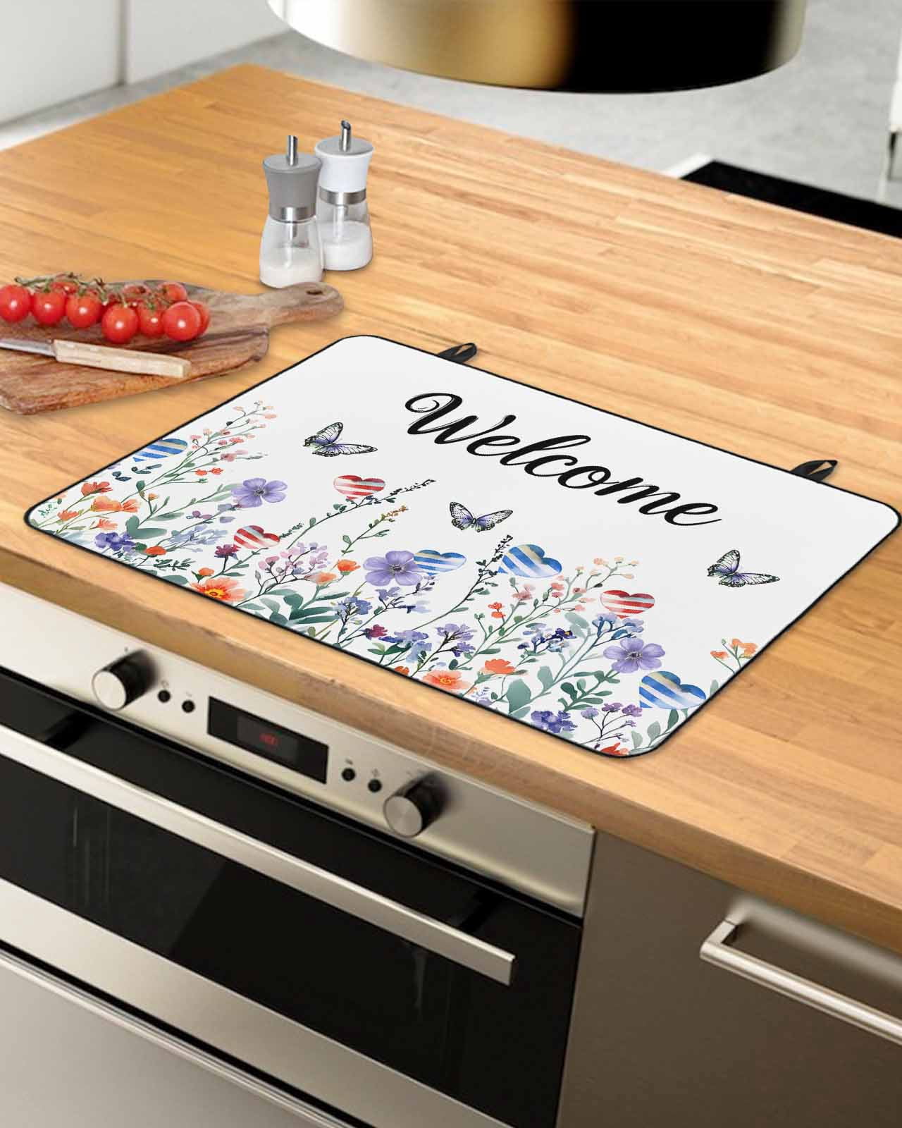 nqOlkjepod Large Induction Cooktop Protector Mat 24"x21", 4th of July Botanical Stove Top Covers for Electric Stove, Independence Day Butterfly Welcome Stove Burner Cover Mats, Glass Top Stove Cover