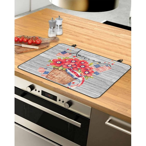 nqOlkjepod Large Induction Cooktop Protector Mat 24"x21", 4th of July Floral Stove Top Covers for Electric Stove, Patriotic Star Stripe Flag Grey Wood Stove Burner Cover Mats, Glass Top Stove Cover