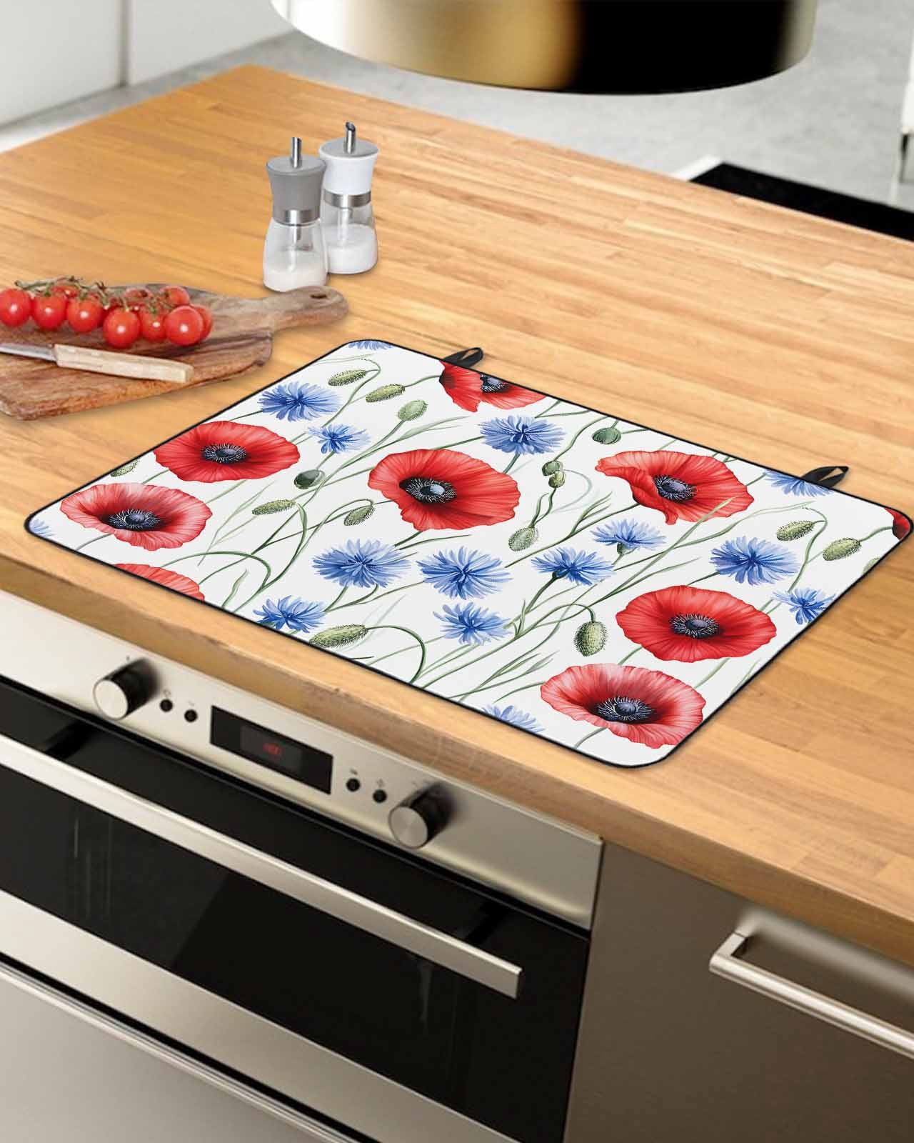 nqOlkjepod Large Induction Cooktop Protector Mat 24"x21", 4th of July Flower Stove Top Covers for Electric Stove, Patriotic Red Blue Poppy Floral Stove Burner Cover Mats, Glass Top Stove Cover