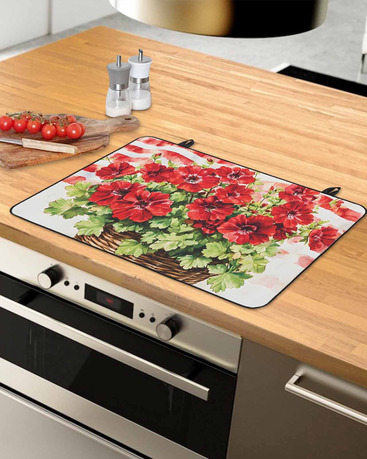 nqOlkjepod Large Induction Cooktop Protector Mat 24"x21", 4th of July Flower Stove Top Covers for Electric Stove, Vintage Red Stripe Flag Poppy Floral Stove Burner Cover Mats, Glass Top Stove Cover