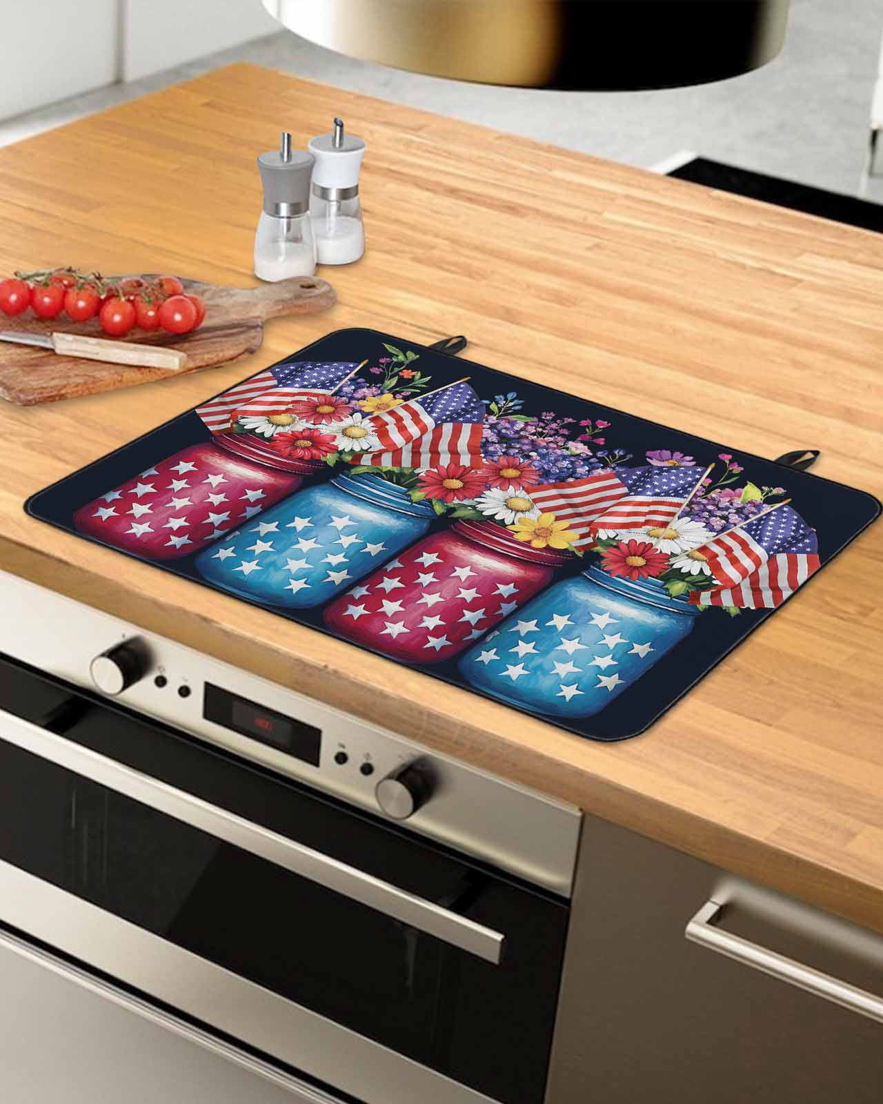nqOlkjepod Large Induction Cooktop Protector Mat 24"x21", 4th of July Stove Top Covers for Electric Stove, American Flag Independence Day Floral Black Stove Burner Cover Mats, Glass Top Stove Cover