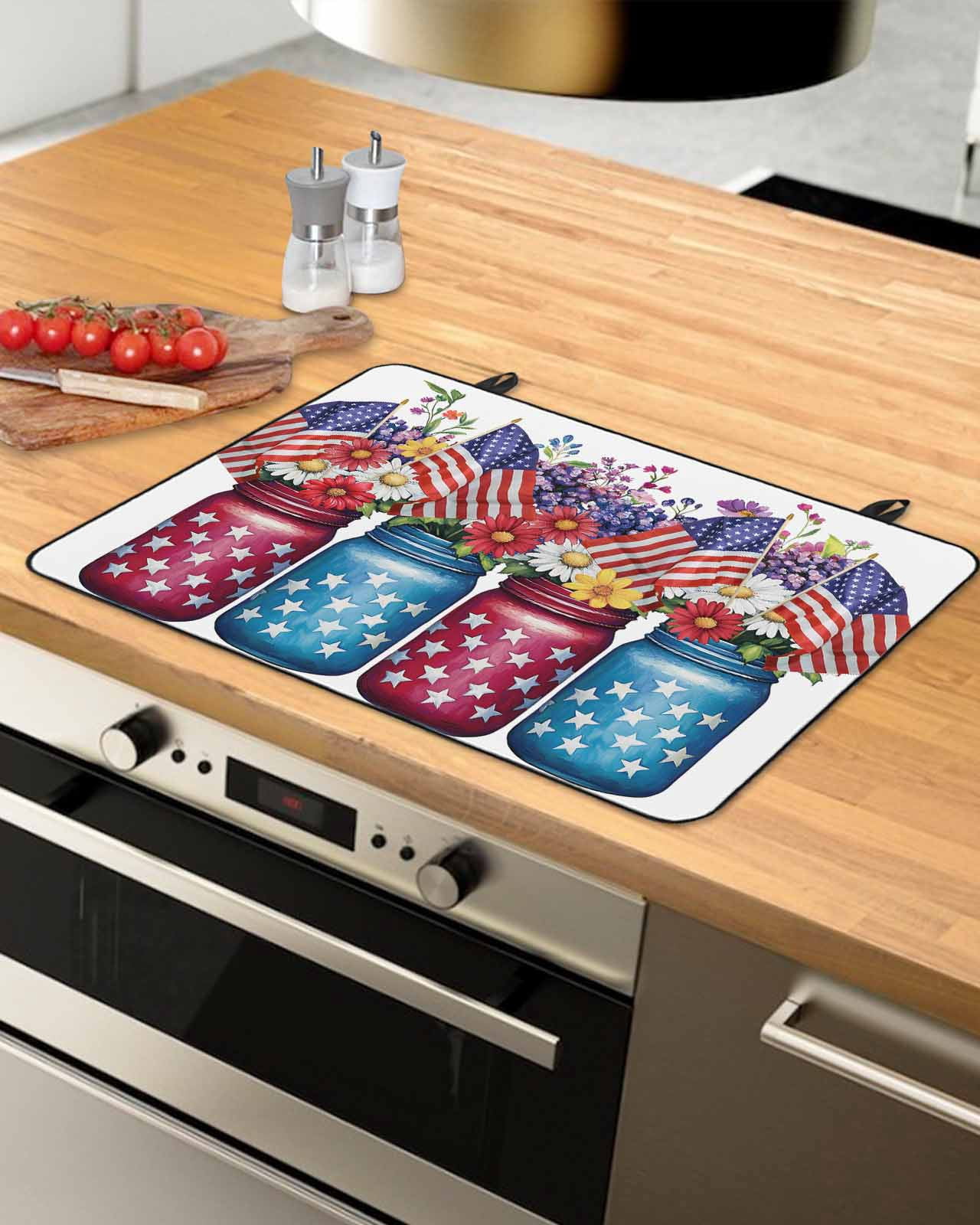 nqOlkjepod Large Induction Cooktop Protector Mat 24"x21", 4th of July Stove Top Covers for Electric Stove, American Flag Independence Day Floral Stove Burner Cover Mats, Glass Top Stove Cover