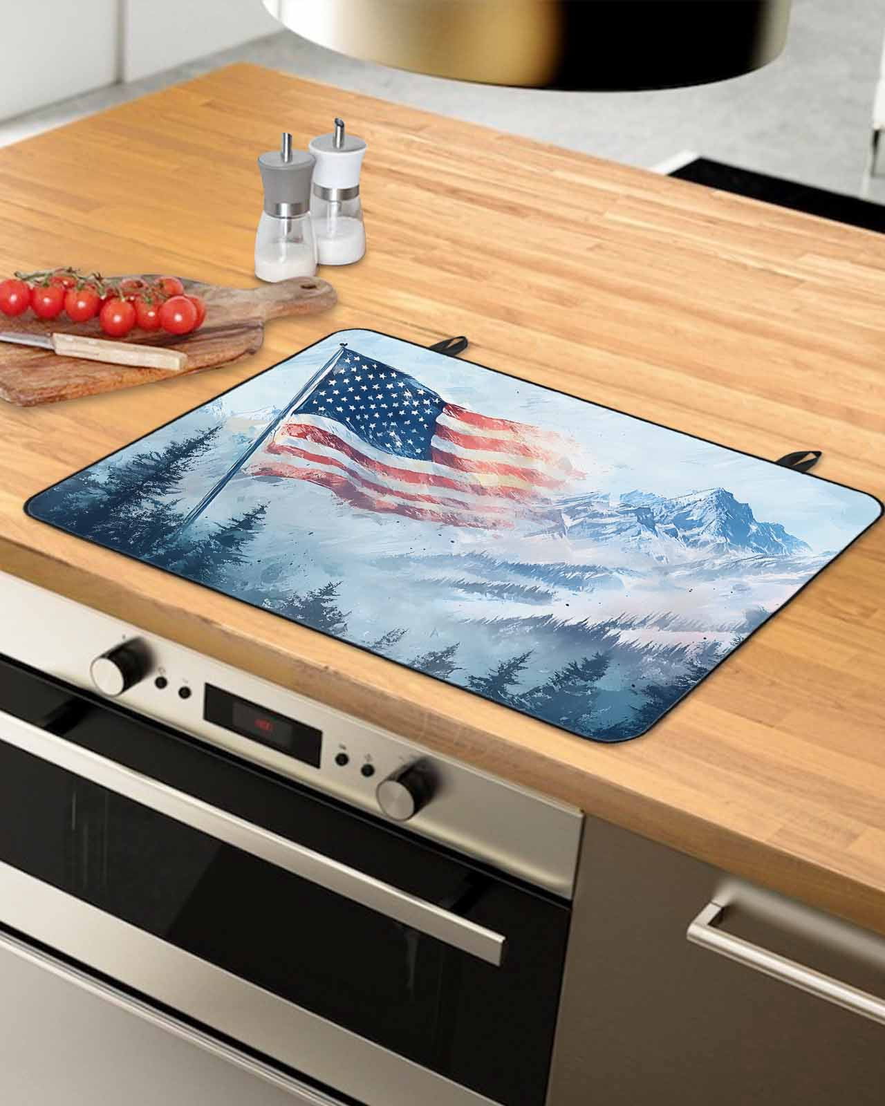nqOlkjepod Large Induction Cooktop Protector Mat 24"x21", 4th of July Stove Top Covers for Electric Stove, Blue Mountain Forest Independence Day Stove Burner Cover Mats, Glass Top Stove Cover