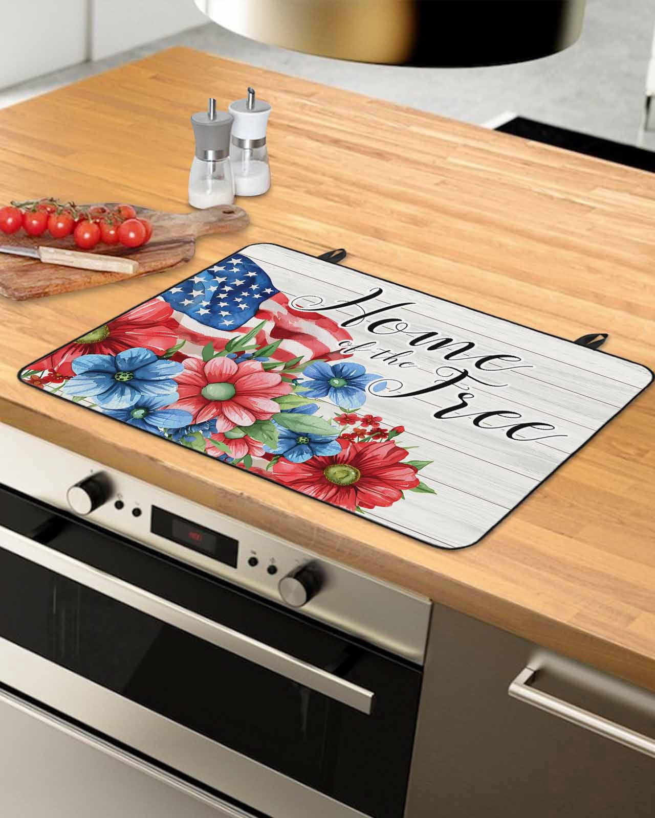 nqOlkjepod Large Induction Cooktop Protector Mat 24"x21", 4th of July Stove Top Covers for Electric Stove, Independence Day Blue Red Floral Retro Stove Burner Cover Mats, Glass Top Stove Cover