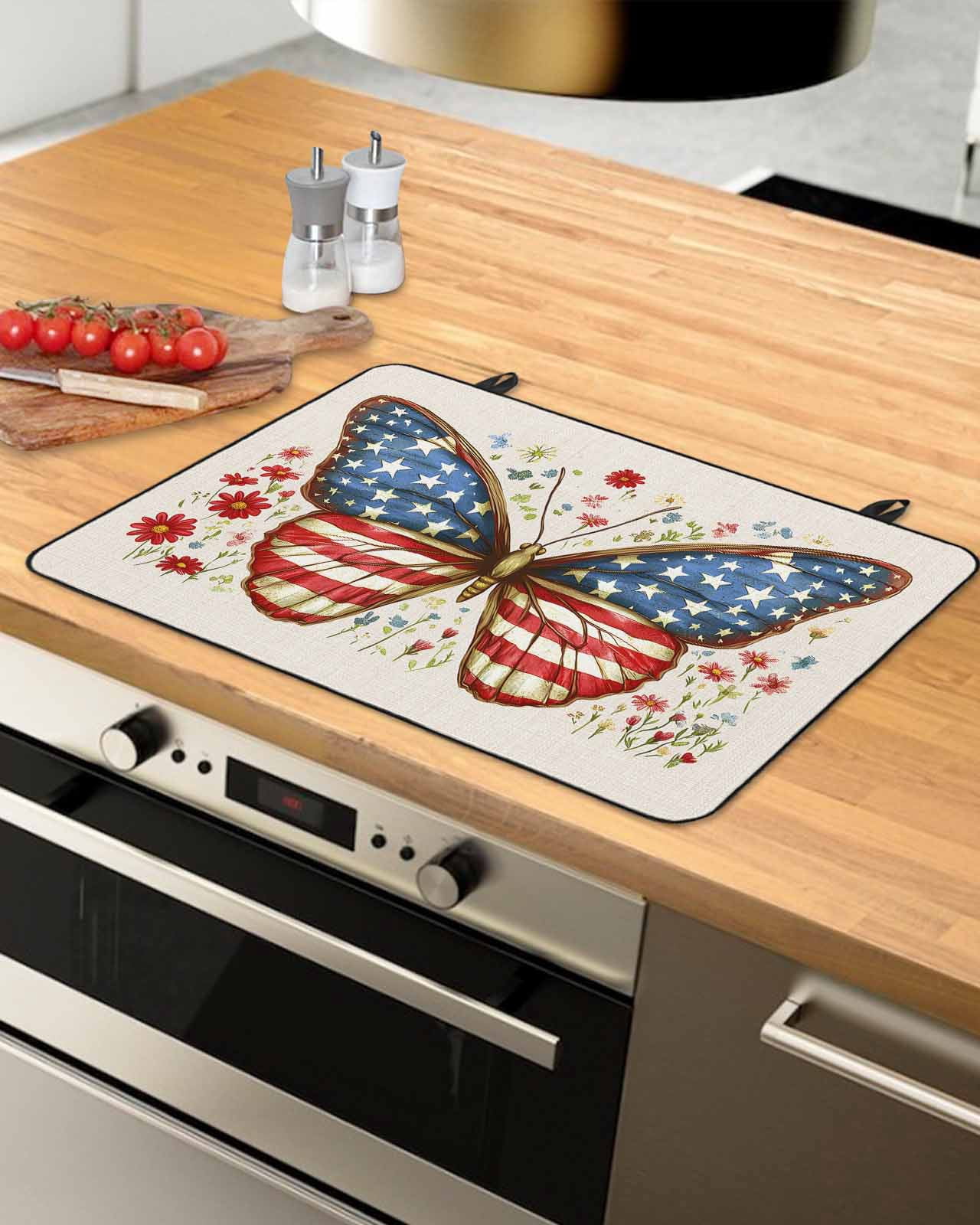 nqOlkjepod Large Induction Cooktop Protector Mat 24"x21", 4th of July Stove Top Covers for Electric Stove, Independence Day Butterfly Botanical Stove Burner Cover Mats, Glass Top Stove Cover