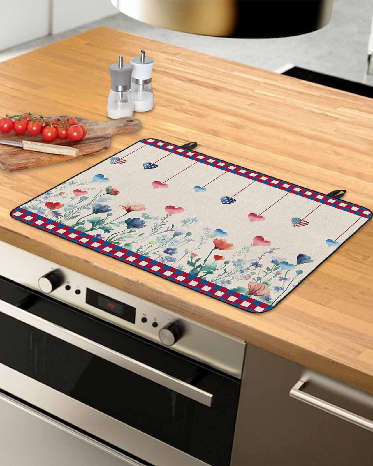nqOlkjepod Large Induction Cooktop Protector Mat 24"x21", 4th of July Stove Top Covers for Electric Stove, Independence Day Red Blue Love Heart Plaid Stove Burner Cover Mats, Glass Top Stove Cover