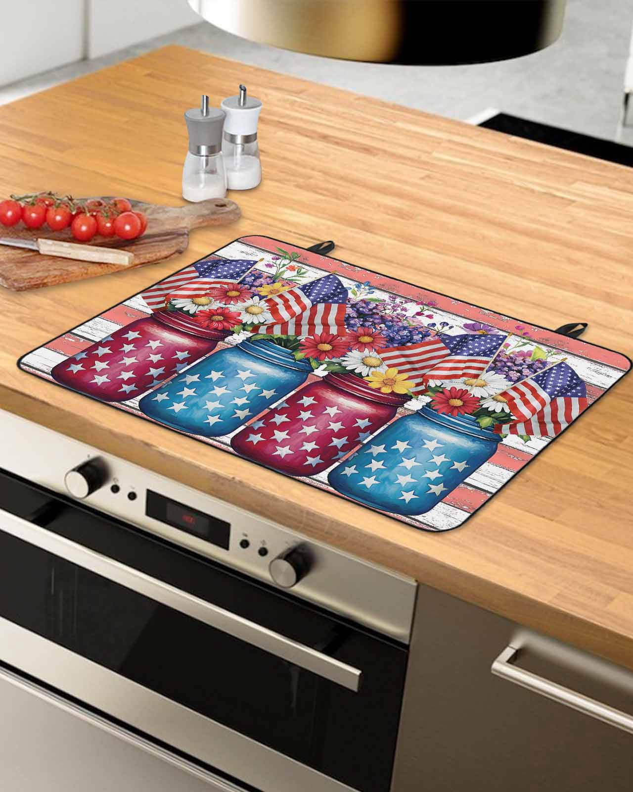 nqOlkjepod Large Induction Cooktop Protector Mat 24"x21", 4th of July Stove Top Covers for Electric Stove, Independence Day Red Striped Floral Stove Burner Cover Mats, Glass Top Stove Cover