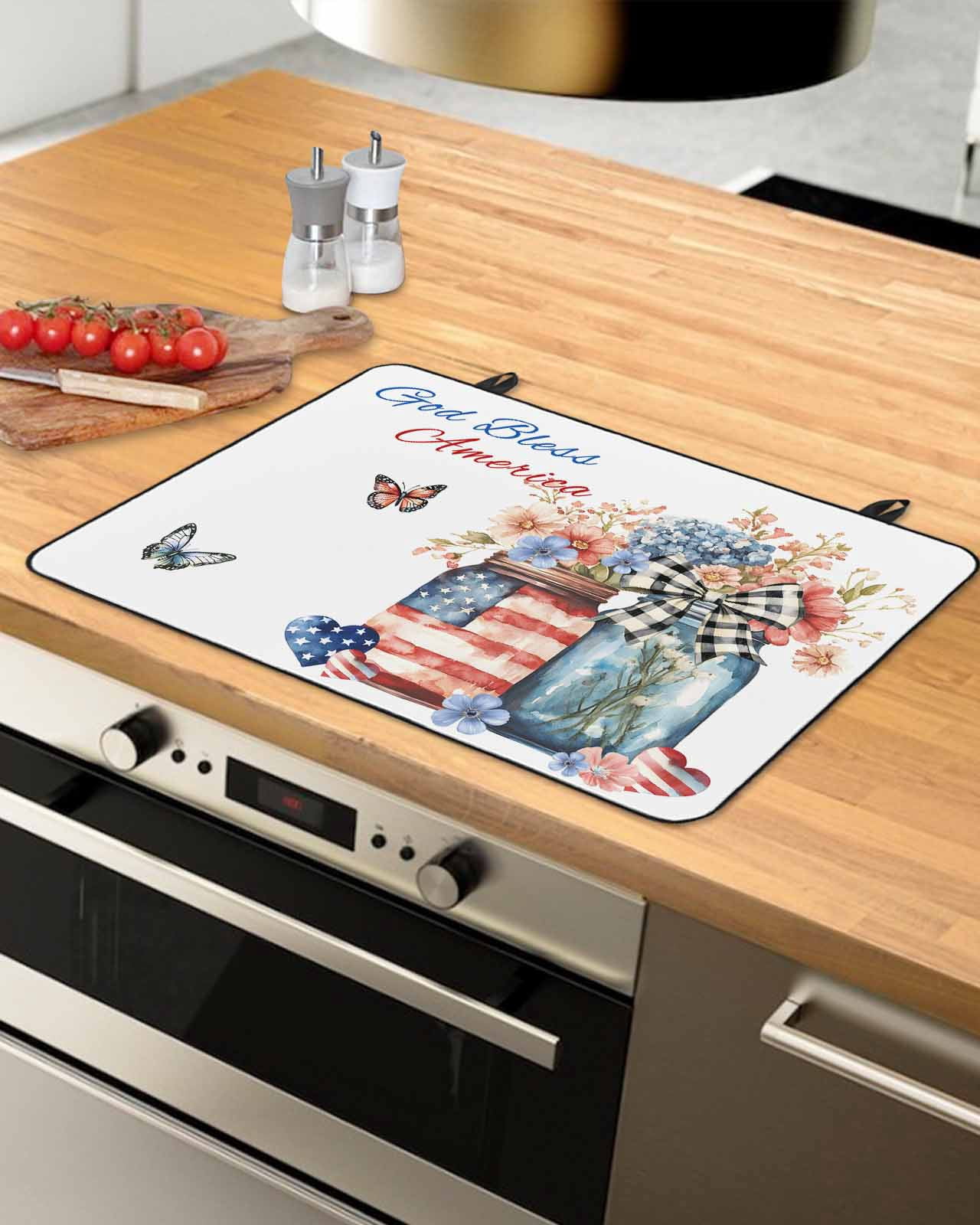 nqOlkjepod Large Induction Cooktop Protector Mat 24"x21", 4th of July Stove Top Covers for Electric Stove, Independence Day Spring Floral US Flag Stove Burner Cover Mats, Glass Top Stove Cover
