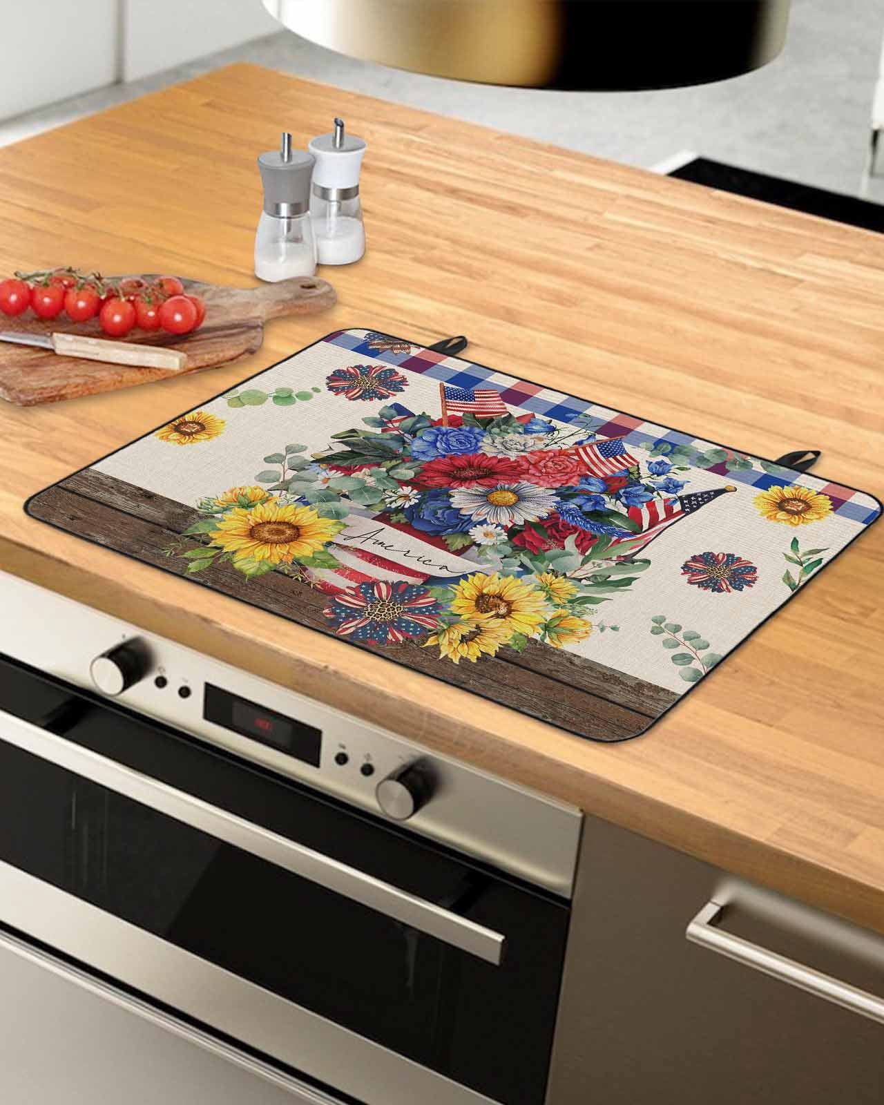 nqOlkjepod Large Induction Cooktop Protector Mat 24"x21", 4th of July Stove Top Covers for Electric Stove, Independence Day Sunflower Vintage Stove Burner Cover Mats, Glass Top Stove Cover