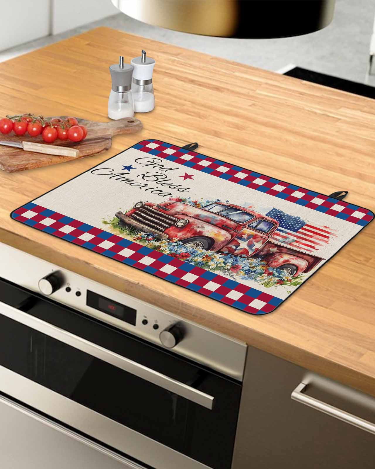 nqOlkjepod Large Induction Cooktop Protector Mat 24"x21", 4th of July Stove Top Covers for Electric Stove, Independence Day Truck Red Blue Floral Stove Burner Cover Mats, Glass Top Stove Cover