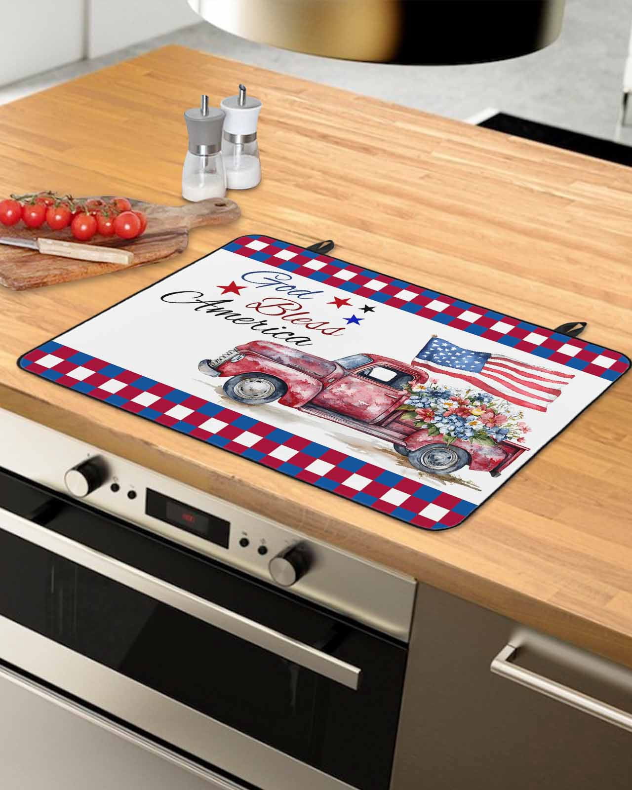 nqOlkjepod Large Induction Cooktop Protector Mat 24"x21", 4th of July Stove Top Covers for Electric Stove, Red Blue Plaid Truck Floral Star Decorative Stove Burner Cover Mats, Glass Top Stove Cover