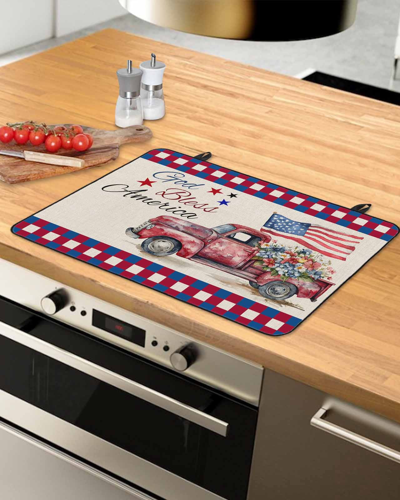 nqOlkjepod Large Induction Cooktop Protector Mat 24"x21", 4th of July Stove Top Covers for Electric Stove, Red Blue Plaid Truck Floral Star Rustic Stove Burner Cover Mats, Glass Top Stove Cover