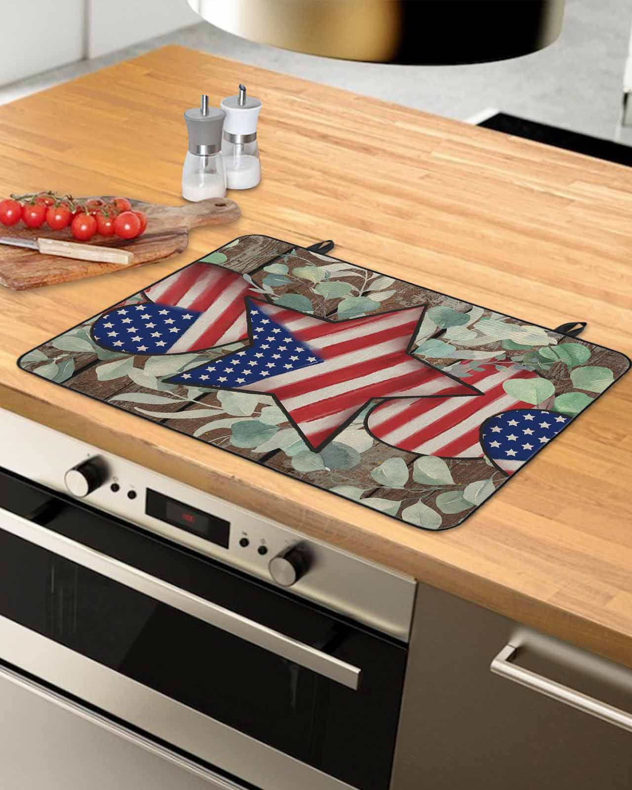 nqOlkjepod Large Induction Cooktop Protector Mat 24"x21", 4th of July Stove Top Covers for Electric Stove, Vintage Eucalyptus Leaf Stars Stripes Flag Stove Burner Cover Mats, Glass Top Stove Cover
