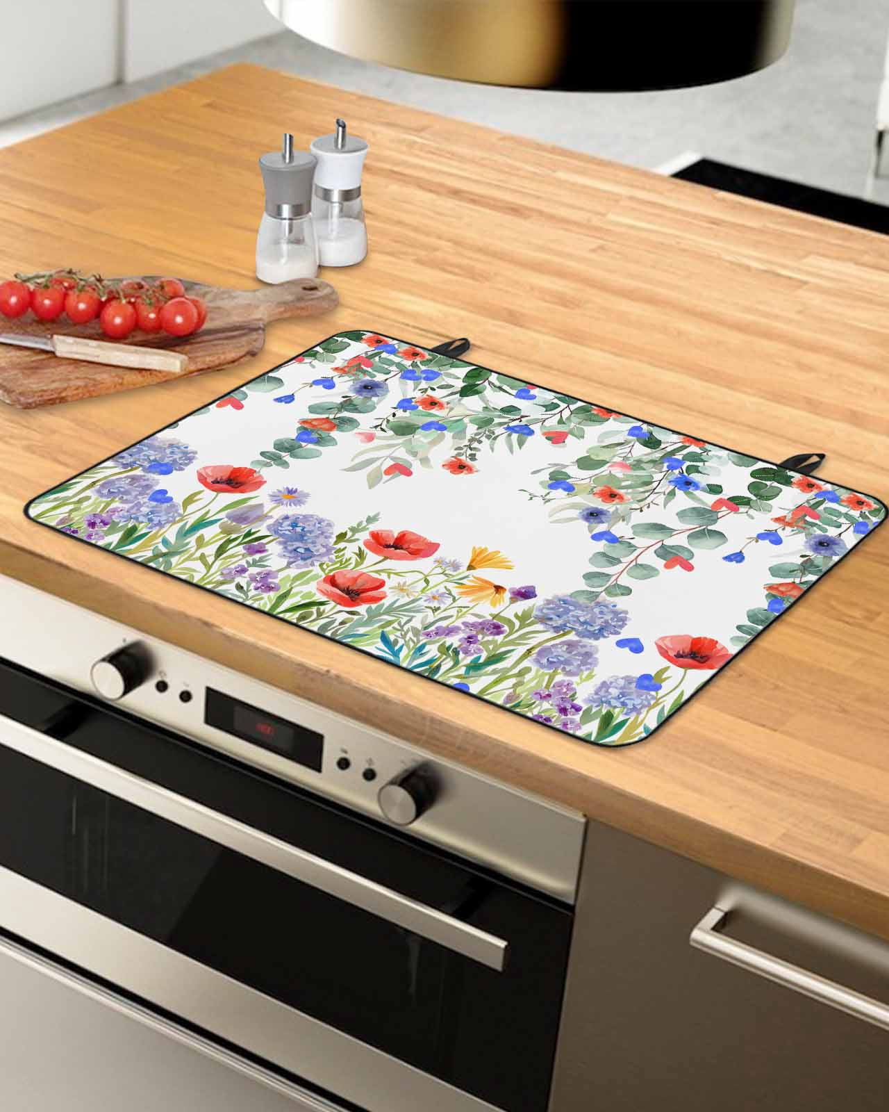 nqOlkjepod Large Induction Cooktop Protector Mat 24"x21", 4th of July Stove Top Covers for Electric Stove, Watercolor Red Blue Floral Eucalyptus Leaves Stove Burner Cover Mats, Glass Top Stove Cover