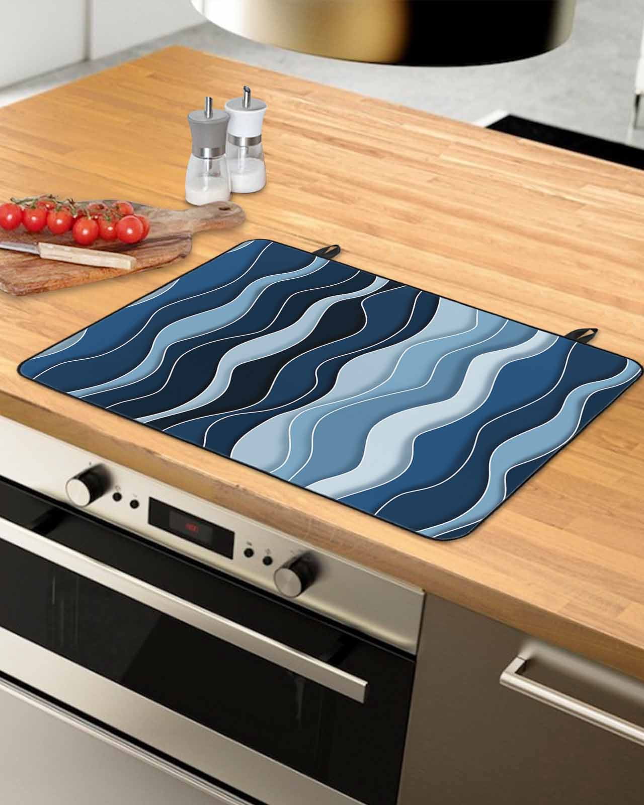 nqOlkjepod Large Induction Cooktop Protector Mat 24"x21", Abstract Blue Moire Stove Top Covers for Electric Stove, Gradient Coastal Ocean Geometric Waves Stove Burner Cover Mats Stove Cover