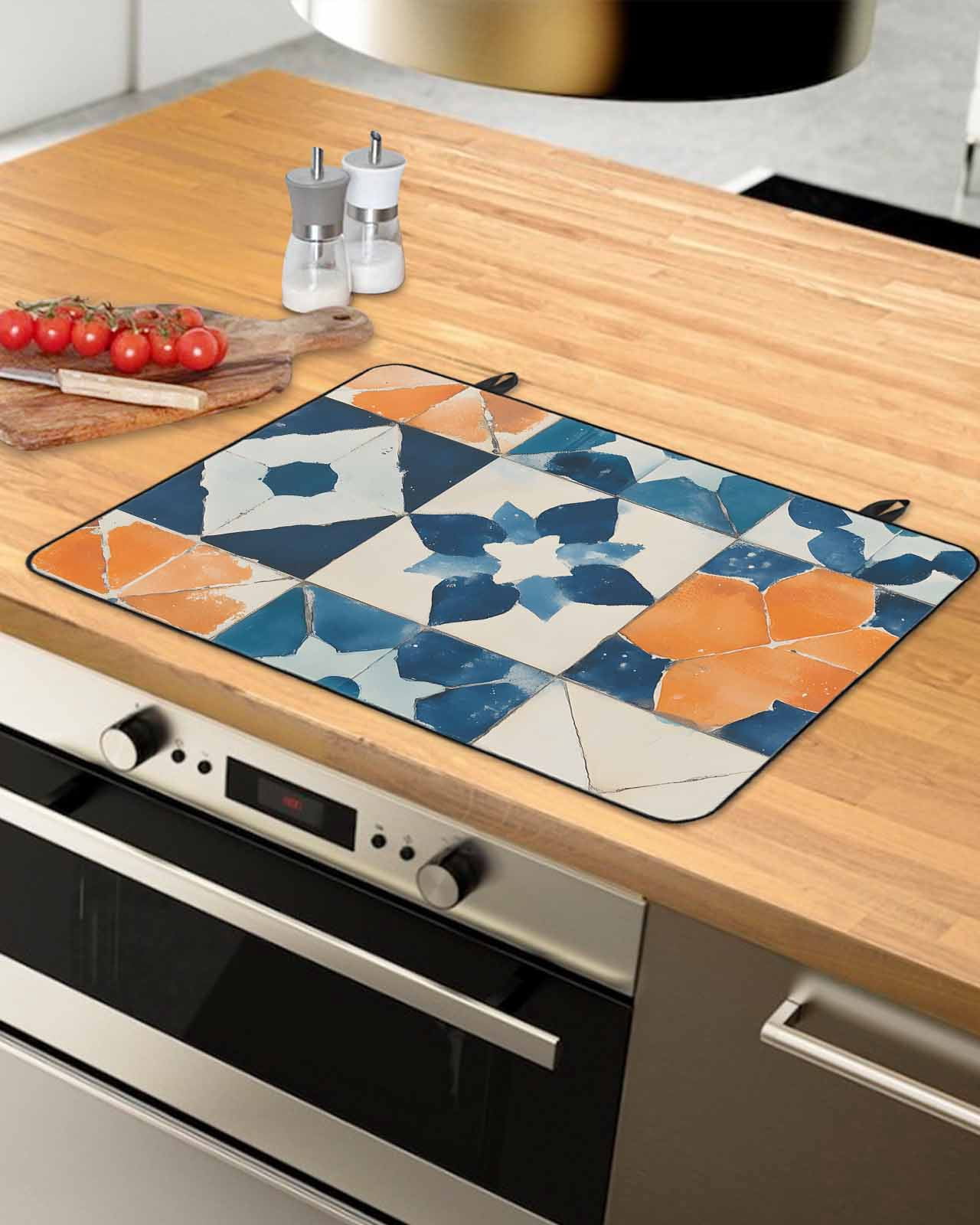 nqOlkjepod Large Induction Cooktop Protector Mat 24"x21", Abstract Blue Stove Top Covers for Electric Stove, Orange Color Block Retro Watercolor Boho Stove Burner Cover Mats, Glass Top Stove Cover
